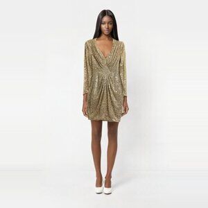 Eliza J Dress Long Sleeve V-Neck Diamond Panel Sequin Cocktail Dress Gold size 8